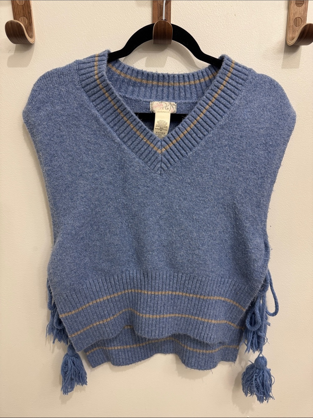 Free People Dusty Blue V-Neck Tassel Sweater Vest with Tan Stripes